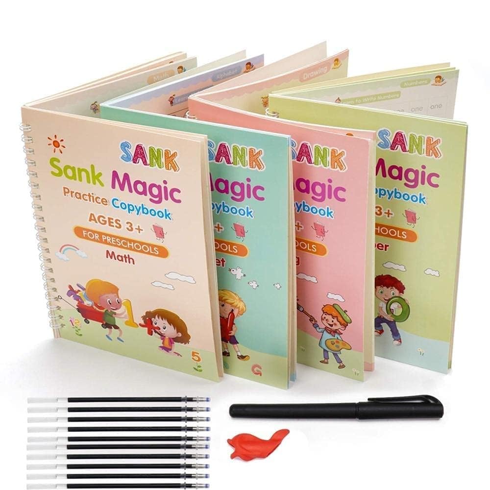 Magic Practice Copybook, (4 BOOK +1 PEN + 10 REFILL) Number Tracing Book for Preschoolers with Pen, Magic calligraphy books for kids Reusable Writing Tool