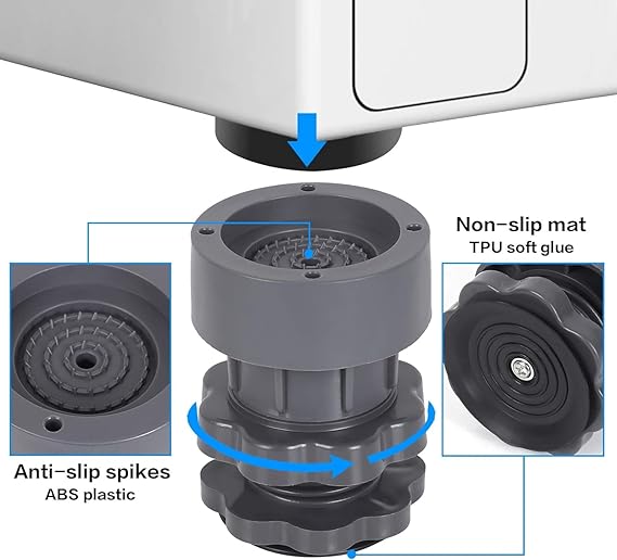 Washing Machine Stand Anti Vibration Pads Washer Foot Pads Dryer Heightening Pads Stabilizer Support Stand (Black Grey) -4 Pcs (Adjustment Feet)
