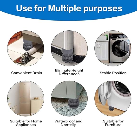 Washing Machine Stand Anti Vibration Pads Washer Foot Pads Dryer Heightening Pads Stabilizer Support Stand (Black Grey) -4 Pcs (Adjustment Feet)